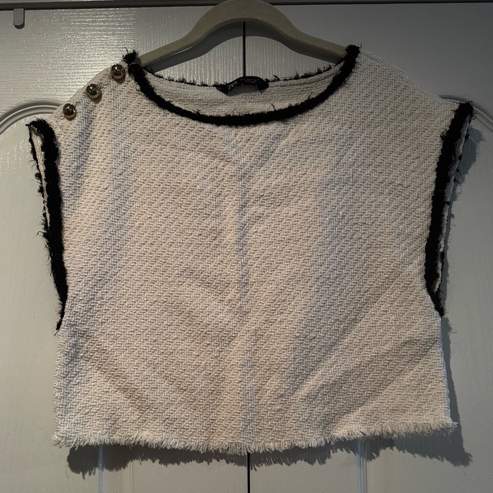 Zara White and Black Tweed Blouse with Gold Accent Buttons - Size L